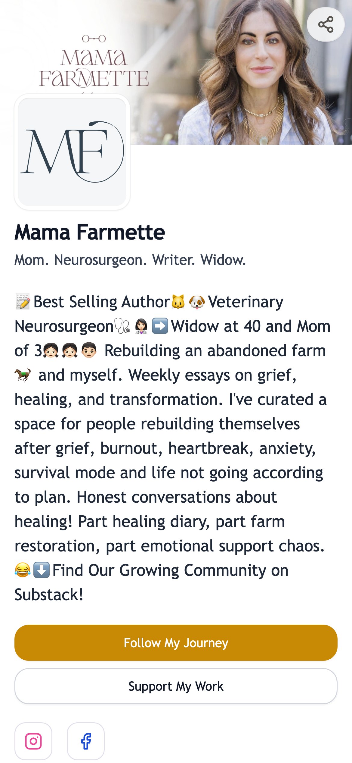 Mama Farmette bio page — bestselling author and neurosurgeon